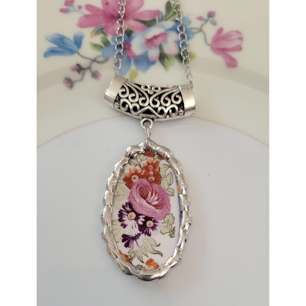 Royal Scotland Floral Broken China Pendant Necklace — Handmade Upcycled